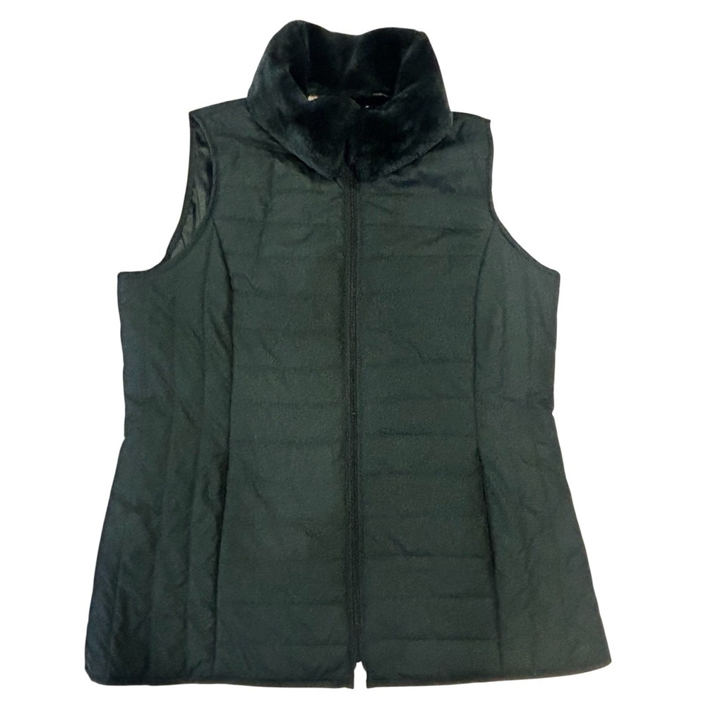 Dennis Basso M Puffer Vest w/ Faux Fur Collar Pockets Hunter Green Women's VTG